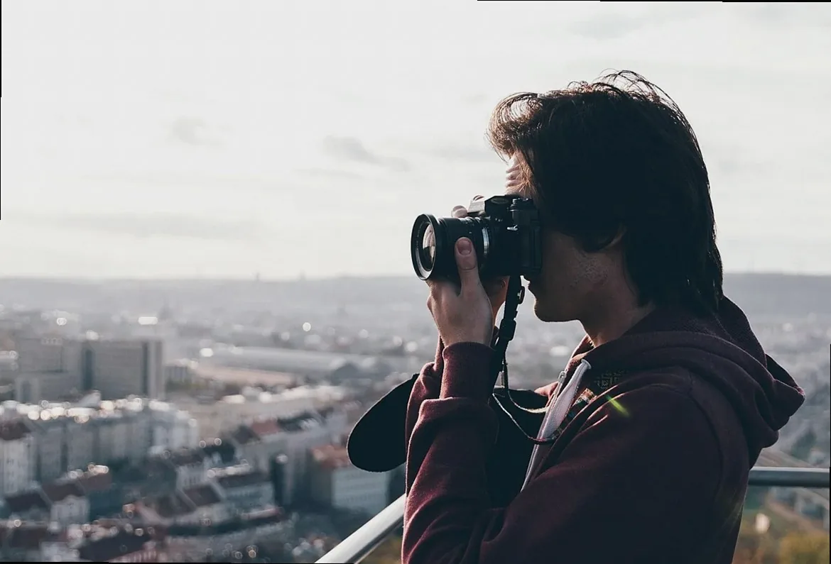 camera, photographer, city, view, rooftop, deck, man, taking photo, taking picture, outdoors, camera, camera, camera, ph